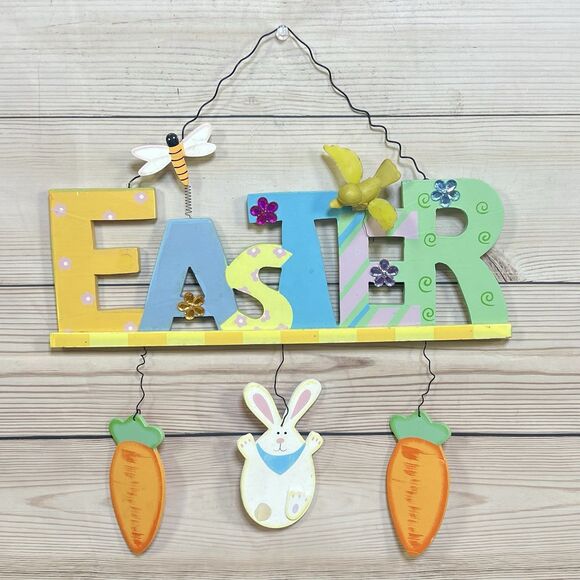Vintage EASTER Wooden Hanging Sign Decoration Hand Painted Bunny Bird Spring 14” - Picture 12 of 12